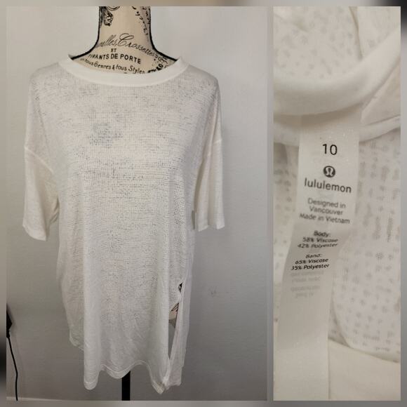 Lululemon White Sneak Out Top Womens Sz 10 Split Hem Short Sleeves Antoinette - Picture 1 of 10